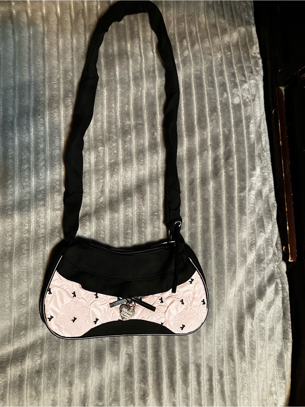 Black and Light Pink Women's Shoulder Bag with Heart Charm